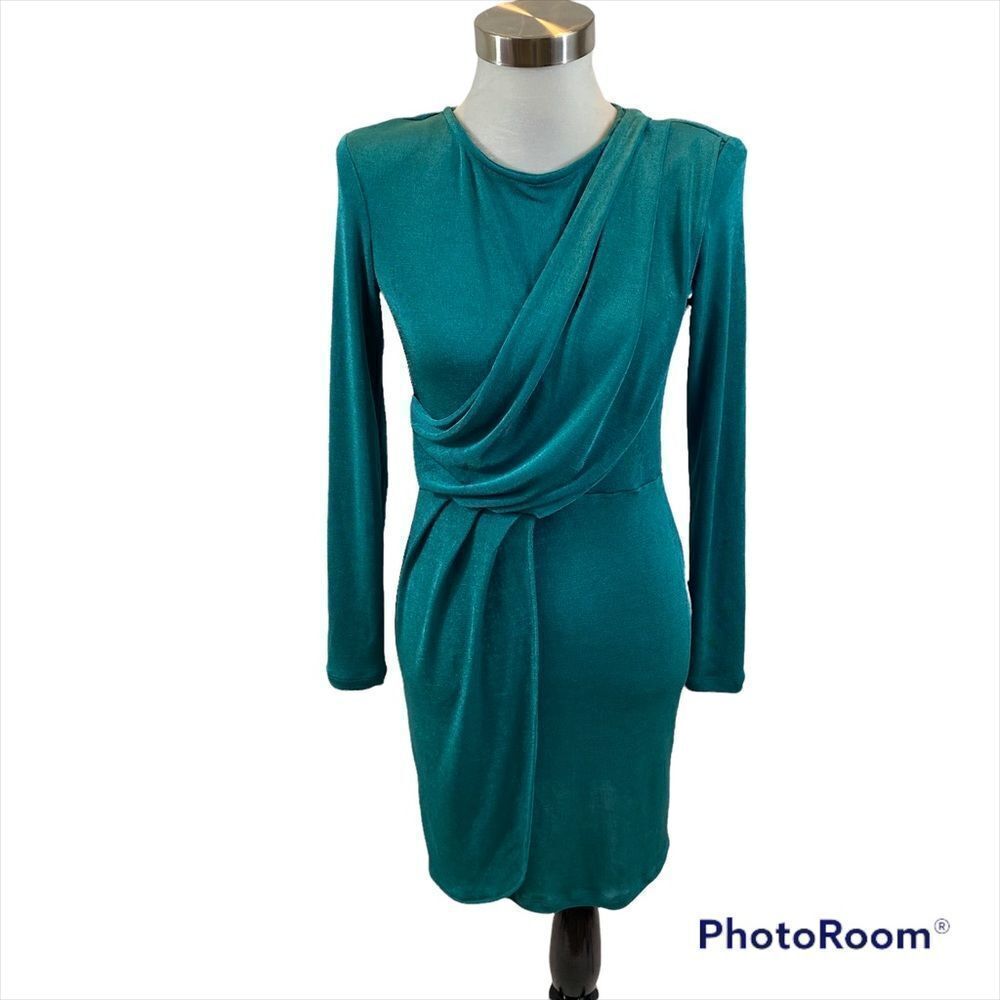 New with Tags ASOS Drape Front Green Long Sleeved Dress With Shoulder Pads 8